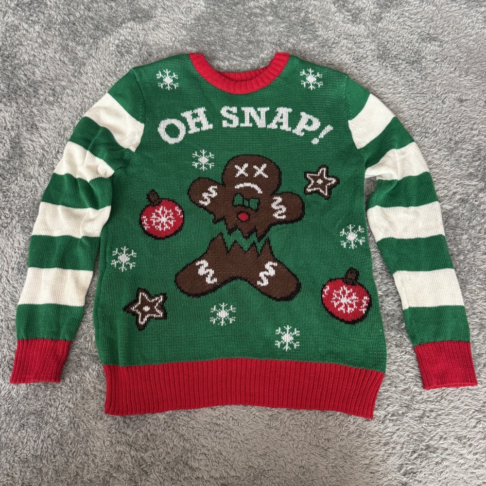 Well Worn Unisex Oh Snap Gingerbread Man Sweater M Green Striped Holiday Knit